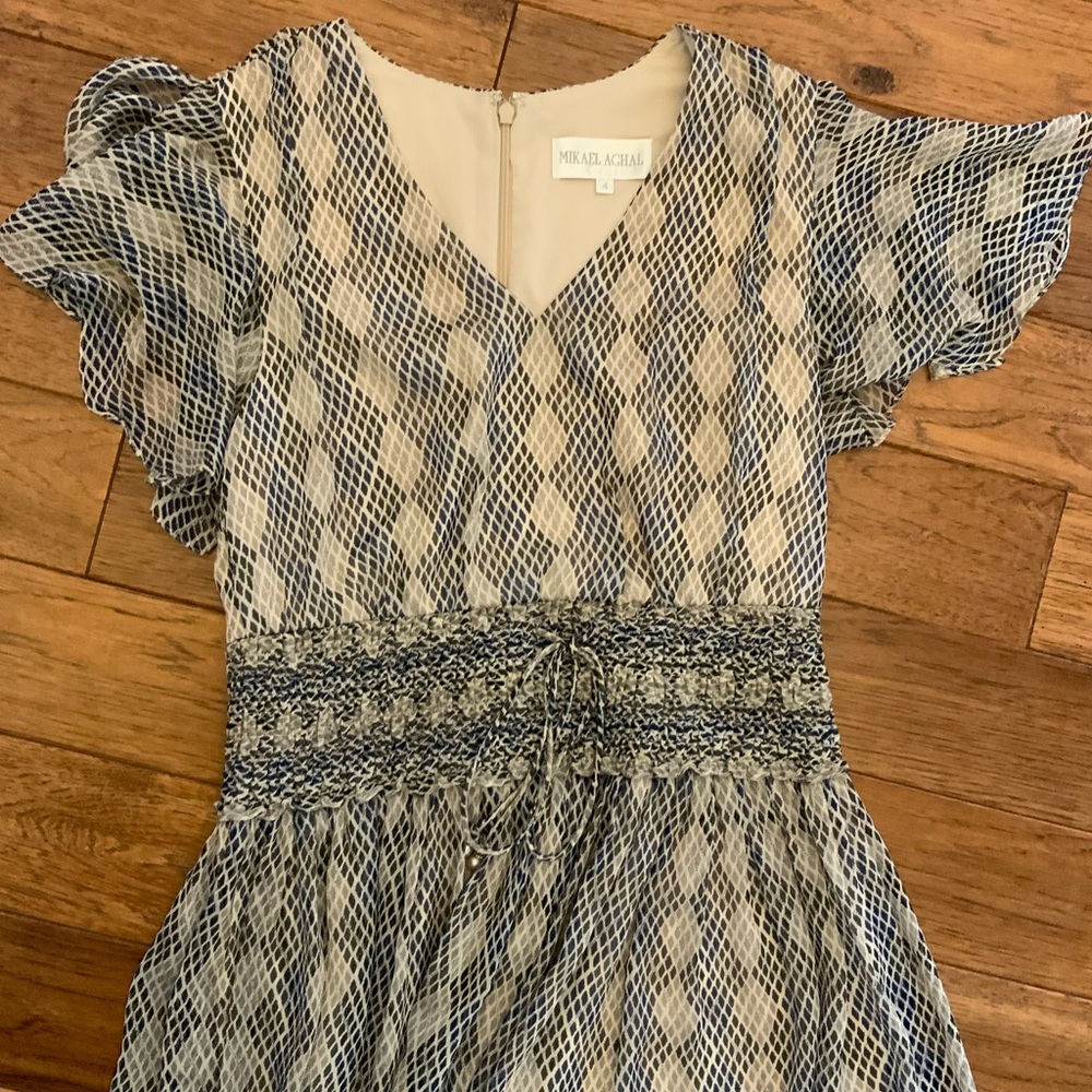 NWT Mikael Aghal tan and gray diamond pattern, smocked maxi dress, size 4